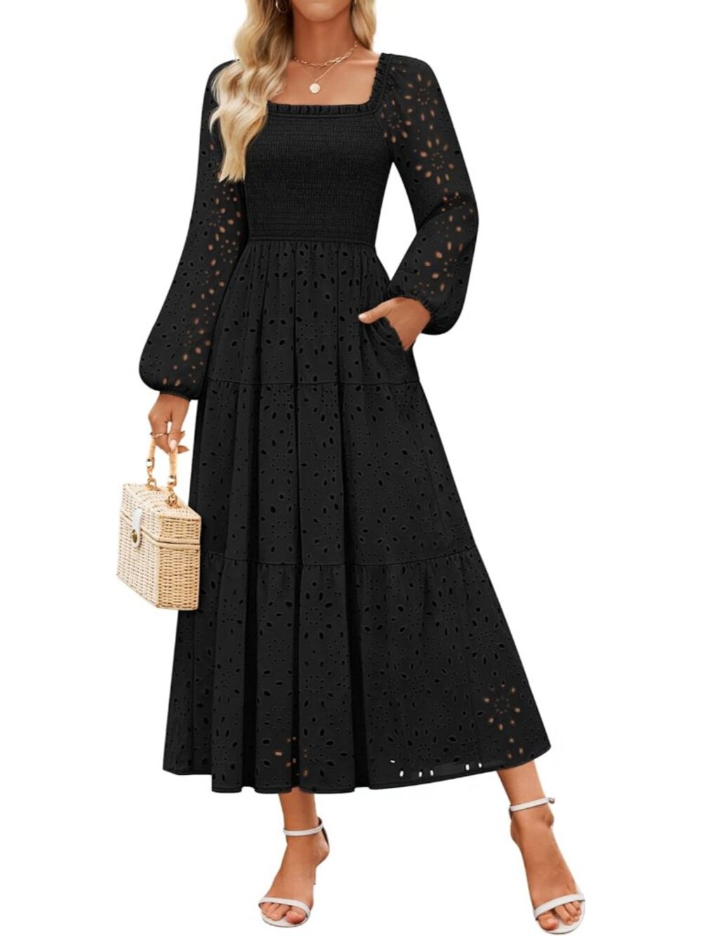 🆕Women's Black Long Sleeve Square Neck LINE Mid Waist Pockets Maxi Dress